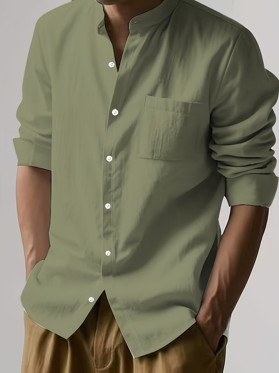 Men's Autumn Linen Long Sleeve Shirt 2pcs, Stand Collar Loose Fit, Breathable & Comfortable, Vintage Chinese Style for Daily Commute & Casual Wear, Gift Box Packaging for Gifting or Personal Use (Box and Props for Display Only) - Light White+Green