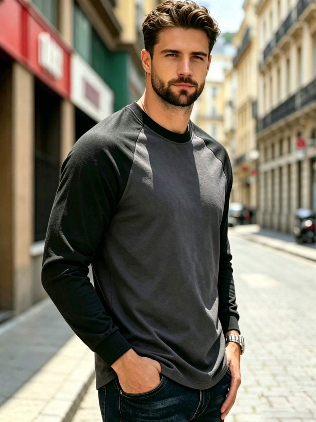 Men'S T-Shirt Casual New Daily Color-Block Long Sleeve Breathable Skin-Friendly Non-Sweaty Drop Shoulder Cut Visual Body Shaping Super Friendly Retro Contrast Design with Premium Aura Suitable for Sports Casual Daily Commuting Outdoor Activities Cas - Black+Dark Grey