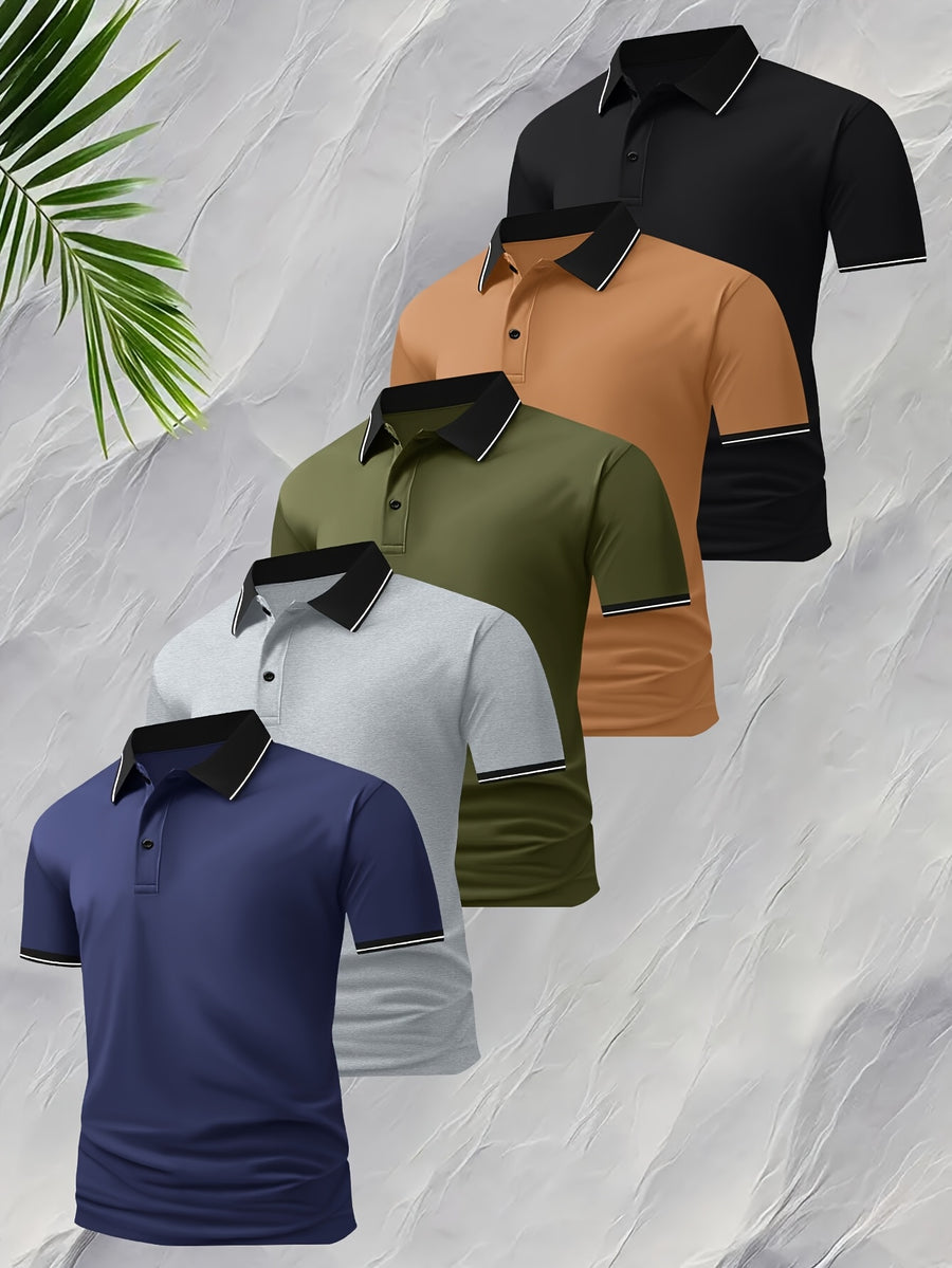 5pcs Summer Lapel Men's Shirts, Solid Color Plain Short Sleeve Shirts, Multi-Color Workwear, Casual Sportswear, Men's Executive Tops - Mixed Color 2
