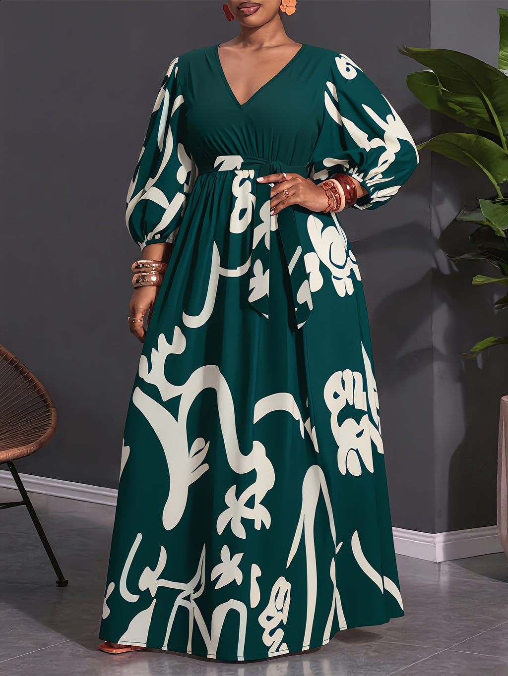 Plus Size Abstract Print V-Neck Lantern Sleeve Midi Dress, Women'S Tie-Waist A-Line Flowy Casual Party Long Dress - Green