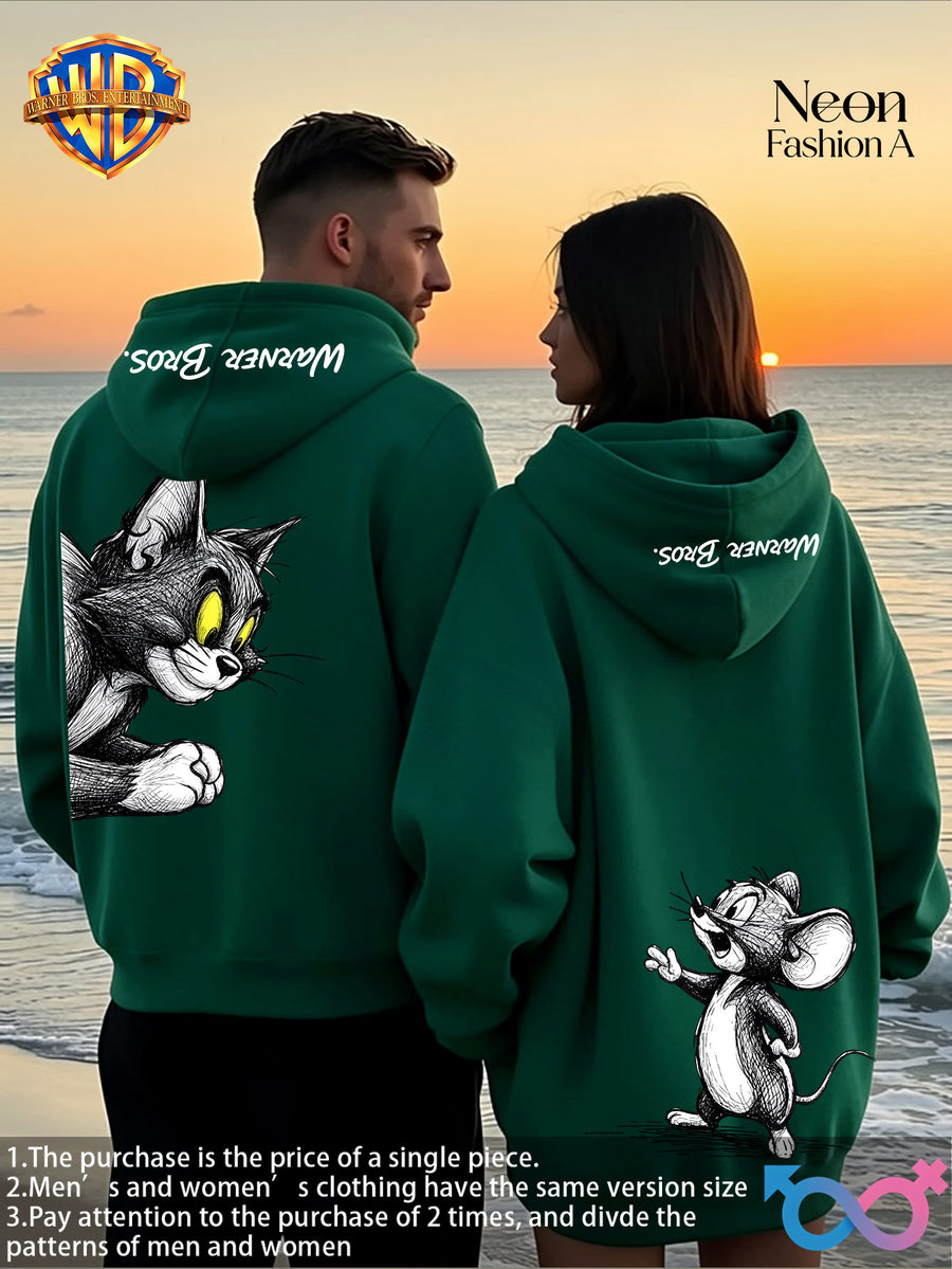 1pc Warner Bros. Cartoon Classic Couple's Sweatshirt, Unisex Long-Sleeve Top with Playful WB Anime Character Action Print on the Back, Trendy, Fashionable, Versatile, Streetwear, Comfortable, and Casual Outerwear, Chinese National Trend - Men-Green