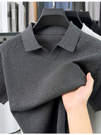 SaXing OBM Men's New Summer Style Polo Shirt, Old Money Style Textured Solid Color Ribbed Half-Placket Thin Breathable V-Neck Short Sleeve T-Shirt, Men's Fashionable Versatile Pullover Base Layer Top, Suitable for Summer Wear, Compatible with Daily - Dark Gray
