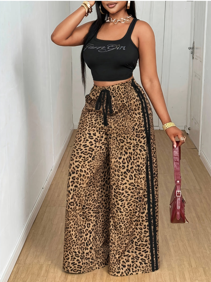 Leopard Print Striped Print Spring Autumn Wide Leg Pants, Fashionable Sexy Straight Leg Trousers Loose Long Pants - Mixed colors
