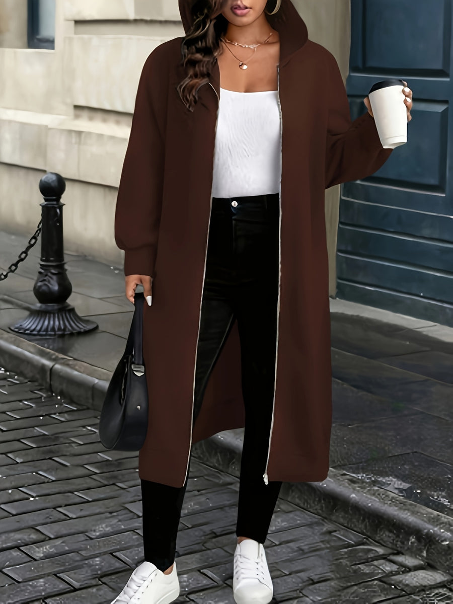 Plus Size - Fall/Winter Long Hooded Trench Coat | Elegant Solid Color With Medium Stretch Fabric And Zipper Detail - Coffee Color