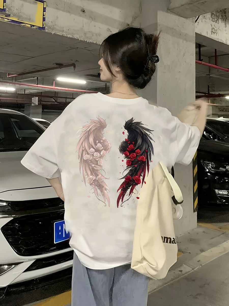 Beautiful Rose Wing Pattern Printed Men'S And Women'S Loose Versatile T-Shirt Summer Short-Sleeved Top - White