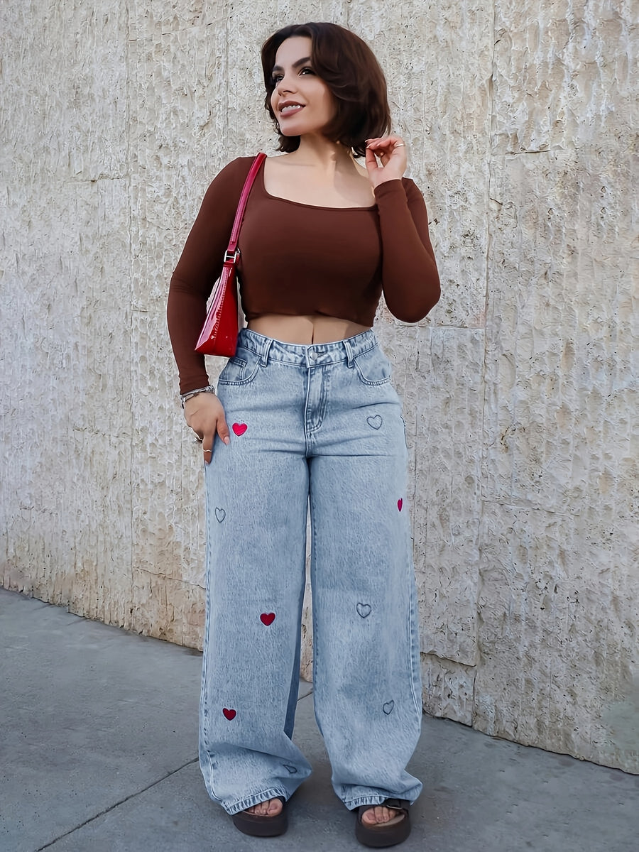 26AW Plus Size Casual Light Blue Washed Jeans with Heart Embroidery, Suitable for Daily Commute, Dates, Parties, And Autumn/Winter And Summer Festivals, Christmas, New Year, Thanksgiving, Weddings, Beach, Graduation, Fashionable, Elegant, Casual - Powder blue