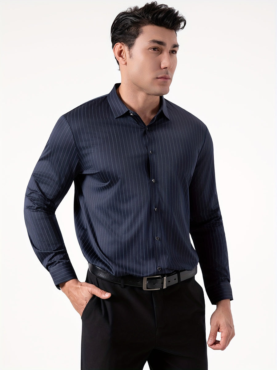 Seamless High-Elasticity Pressed Hem Wrinkle-Free Men's Long-Sleeve Striped Fashion Casual High-End Button-Up Cardigan Four-Way Stretch Men's Top, Fabric Weight 160g, Material 88% Polyester Fiber 12% Spandex - Navy Blue Strips