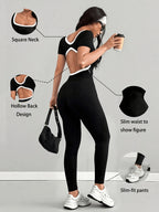 Black and White Color-block Square Neck Short-sleeve Jumpsuit, Stretchy Slim-fit Vintage Sexy Style, Suitable for Daily Commuting, Outings, Leisure, and Various Other Occasions. YYTT - Black
