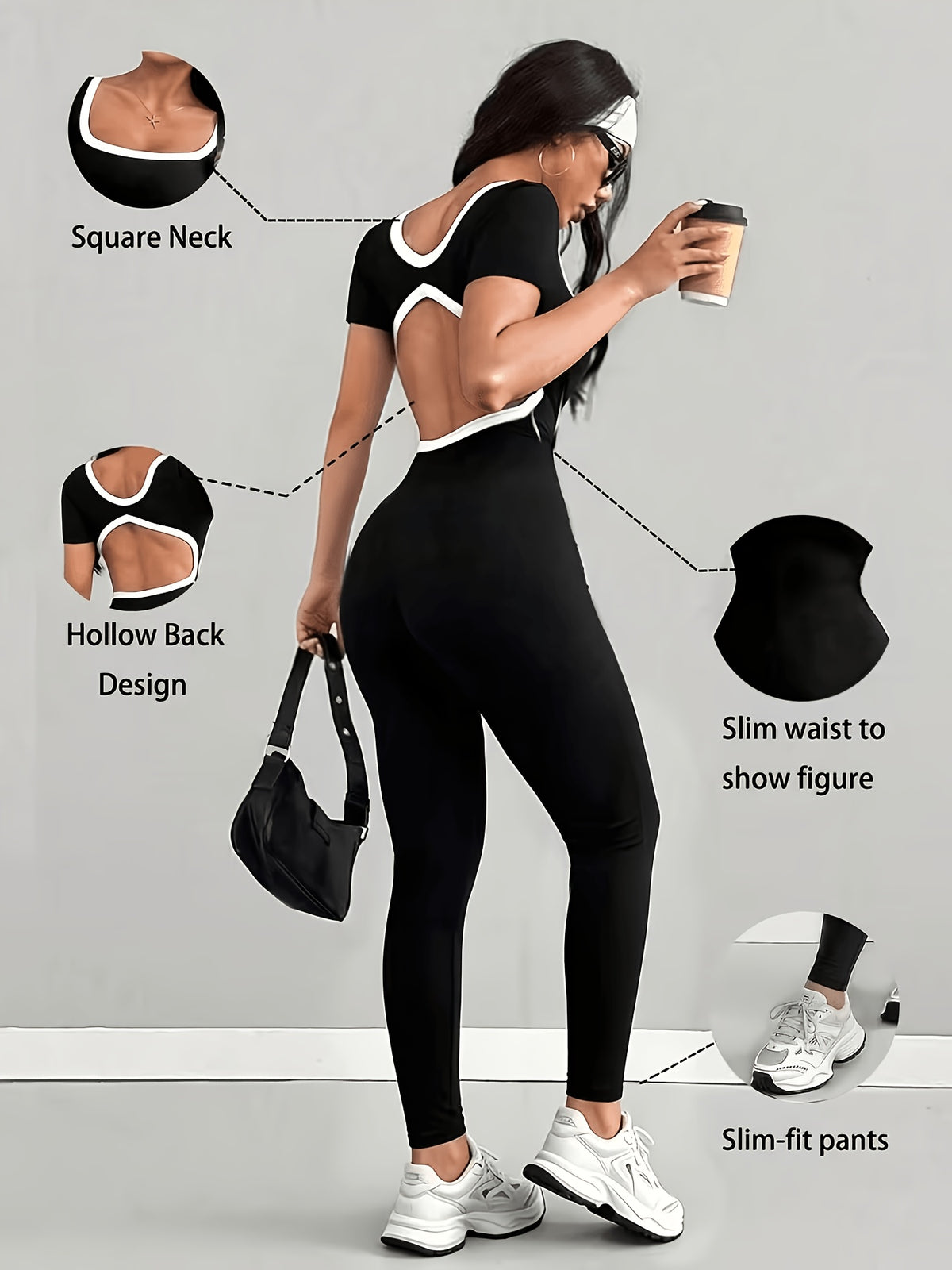 Black and White Color-block Square Neck Short-sleeve Jumpsuit, Stretchy Slim-fit Vintage Sexy Style, Suitable for Daily Commuting, Outings, Leisure, and Various Other Occasions. YYTT - Black