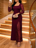 Women's Elegant Sequin Patchwork Black Long Sleeve Dress - Square Neck Semi-Sheer Slim Fit Informal Evening Gown - Burgundy