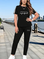 XDCMM22 European and American Women's Casual Sportswear Set, Loose-Fit Round Neck Short Sleeve and Long Pants 2pcs Set with Unique Print - Black