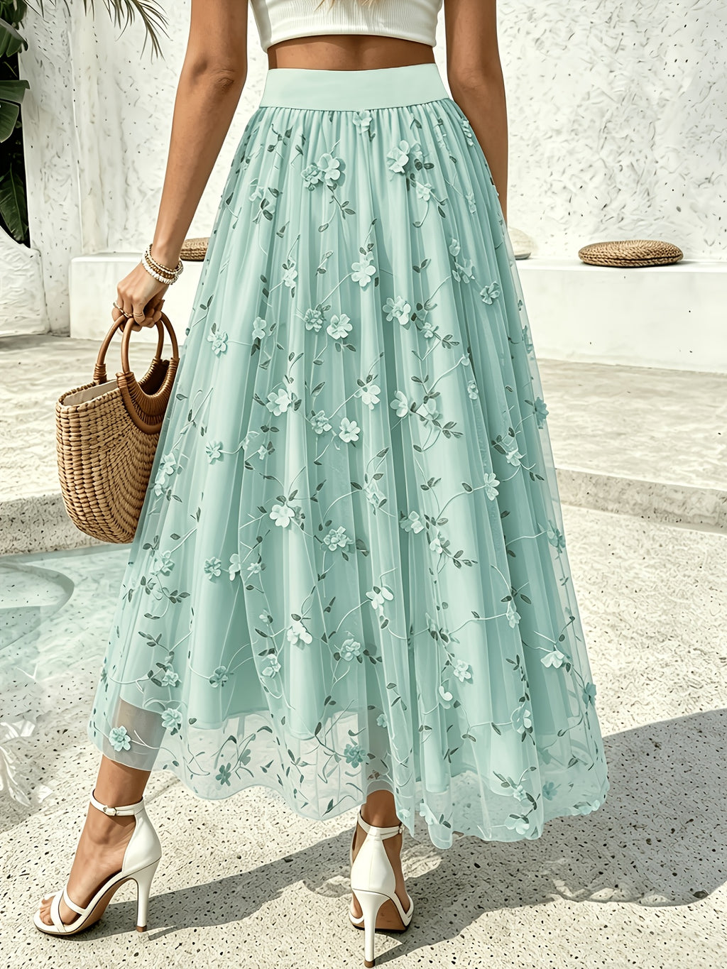 Women'S Elegant Spring Summer Embroidered Mesh Floral Appliqué A-Line Vacation Dress, Suitable for Vacation, Dating, Parties, Commuting And Other Occasions - Light Green