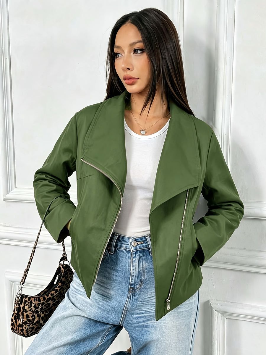 Autumn Winter New European Style Premium Asymmetrical Lapel Diagonal Zipper Short Jacket Solid Color Long Sleeve Top - Green