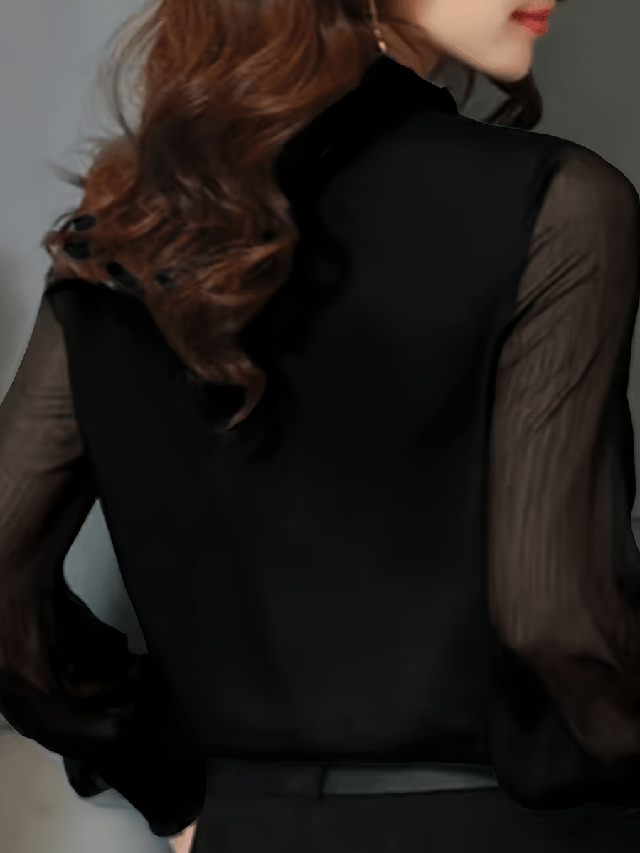 Women's Elegant Office and Daily Shirt - Stand Collar Long Sleeve Non-Sheer Professional Top, All-Season Machine Washable Formal Casual Style Q305 - Black