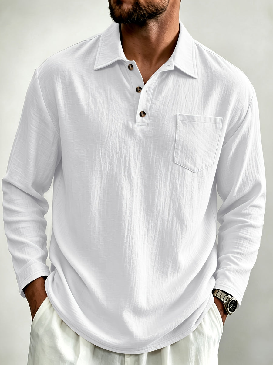 Men'S Linen Long Sleeve Polo Shirt with Chest Pocket - White