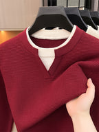 Men's Small V-Neck 2-in-1 Look Waffle Knit Textured Fabric Color-Blocked Double-Layer Neckline Soft, Warm, and Cozy Pullover Top for Spring and Autumn Casual Layering - An Hong