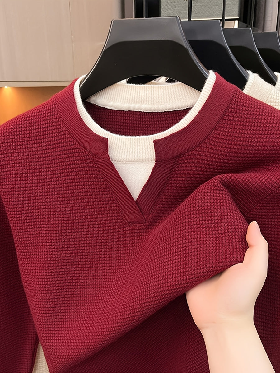 Men's Small V-Neck 2-in-1 Look Waffle Knit Textured Fabric Color-Blocked Double-Layer Neckline Soft, Warm, and Cozy Pullover Top for Spring and Autumn Casual Layering - An Hong