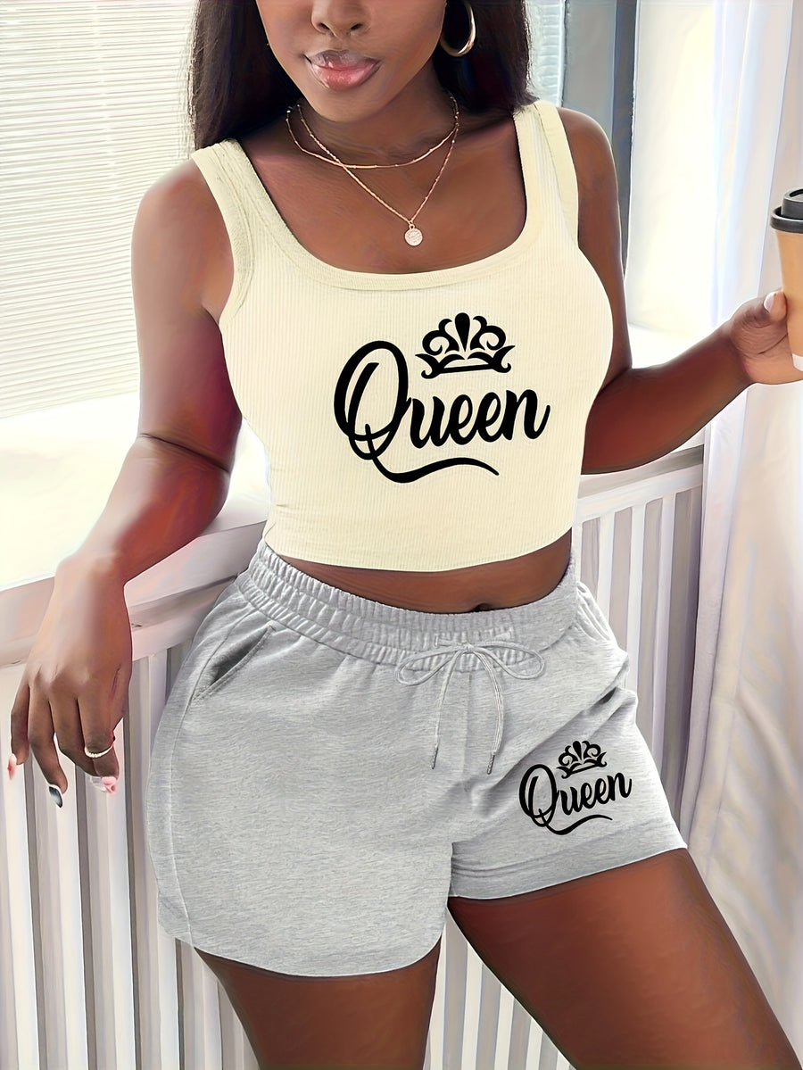 Women's suits: diagonal pocket drawstring shorts, spring and summer shorts, Women's clothing, letter print short vests, sleeveless casual tops - Apricot+Grey
