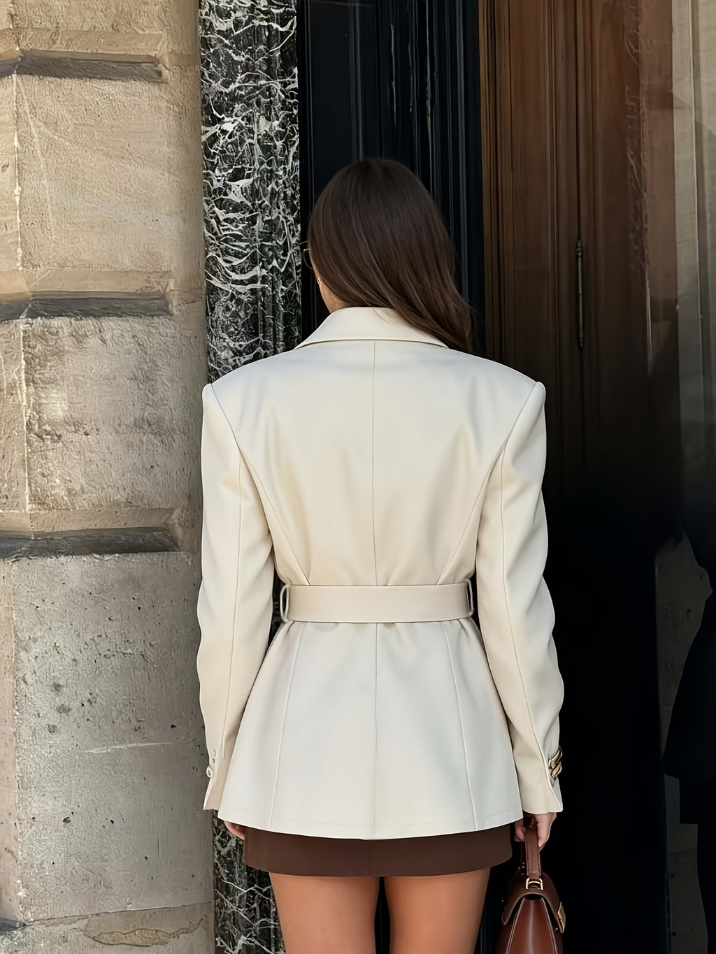 Fashionable Elegant Women'S Early Autumn Solid Color Blazer with Lapel, Long Sleeve, Waist Belted Top, Single Button Front, Faux Pocket Casual Suit Jacket, Suitable for Commuting, Vacation, Business, And Casual Wear - Apricot