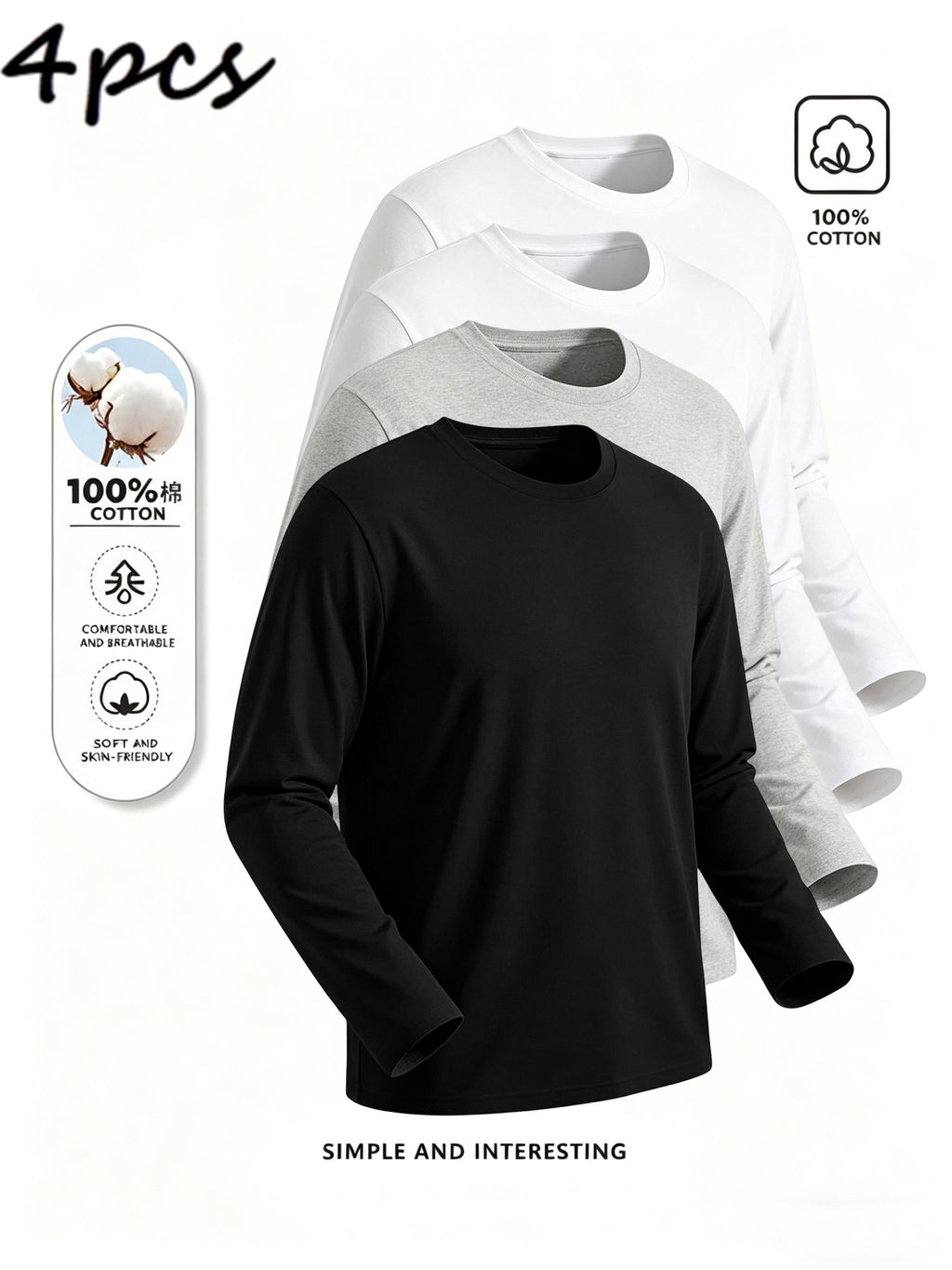 4pcs of Pure Cotton Breathable Round-neck Long-sleeve T-shirts, Soft and Well-fitting, Classic Style Suitable for Business Casual and Casual Attire, Versatile for All Seasons and Can Be Worn as an Outer Layer or as an Inner Layer - Mixed colors