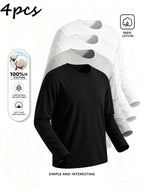 4pcs of Pure Cotton Breathable Round-neck Long-sleeve T-shirts, Soft and Well-fitting, Classic Style Suitable for Business Casual and Casual Attire, Versatile for All Seasons and Can Be Worn as an Outer Layer or as an Inner Layer - Mixed colors