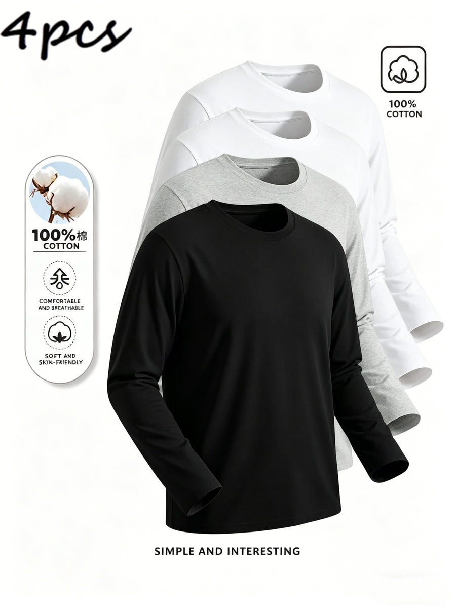 4pcs of Pure Cotton Breathable Round-neck Long-sleeve T-shirts, Soft and Well-fitting, Classic Style Suitable for Business Casual and Casual Attire, Versatile for All Seasons and Can Be Worn as an Outer Layer or as an Inner Layer - Mixed colors