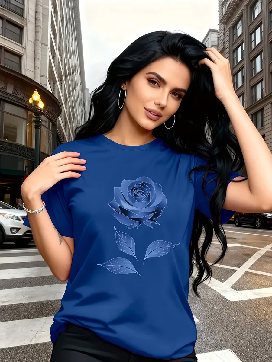 Color Series - Multicolor Light And Dark Gradient Easy Fresh Style Rose Pattern Printed T-Shirt, Casual Outing Wear, Single Wear Or Layered with Jacket, Multi-Layered, Suitable for Travel Vacation, Casual, Free And Unrestrained, Sister Outfit - Blue