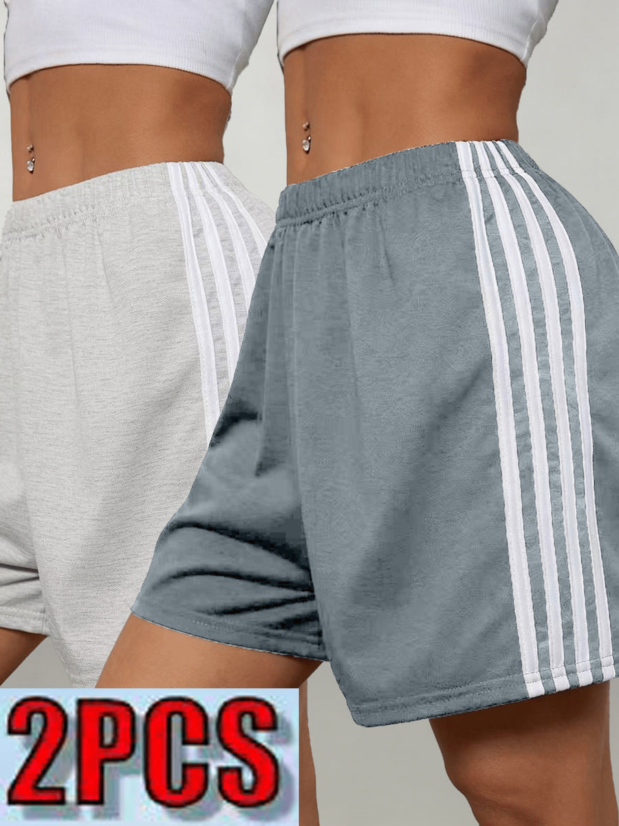 2pcs Women's 2pcs Shorts Suitable for Leisure, Outdoor & Home Wear - Elastic Stretch Waist Loose Fit Short with Side Stripe Design, Elastic Waistband, Non-Stretch Solid Color Shorts for Spring Summer Fall, Machine Washable American Casual - Beige Apricot+Grey