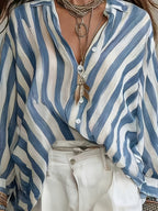 New Spring/Summer Vintage Striped Long-Sleeve Women's Chiffon Shirt, Loose Holiday Style Beach Top, Daily Casual Commuter Chiffon Blouse - Blue Stripes