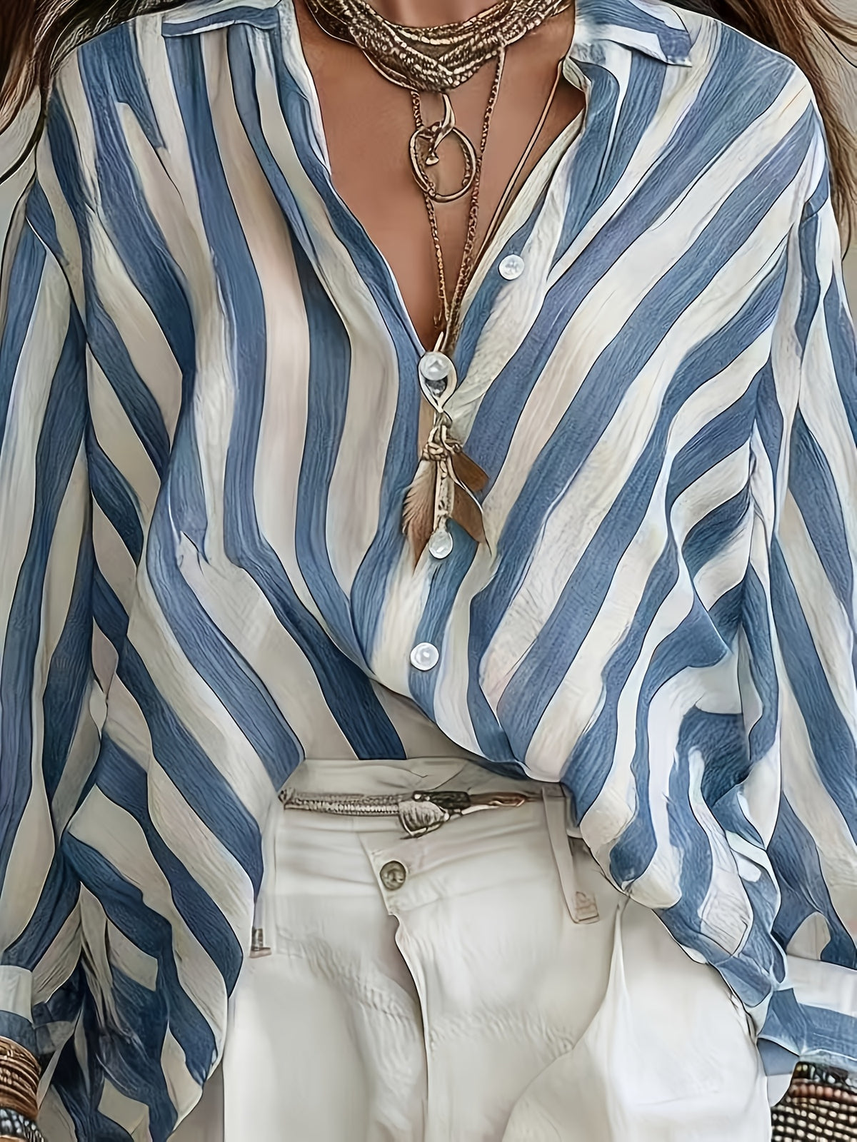 New Spring/Summer Vintage Striped Long-Sleeve Women's Chiffon Shirt, Loose Holiday Style Beach Top, Daily Casual Commuter Chiffon Blouse - Blue Stripes