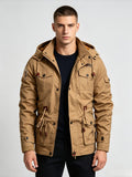 TNZI Men' Vintage Washed Hooded Cargo Jacket - Multi-Button & Zipper Hooded Coat with Collar, Half-Door Zipper Closure, Button Utility Outerwear Suitable for Business Commute, Outdoor Hiking, Winter Streetwear Jacket - Yellowish-brown