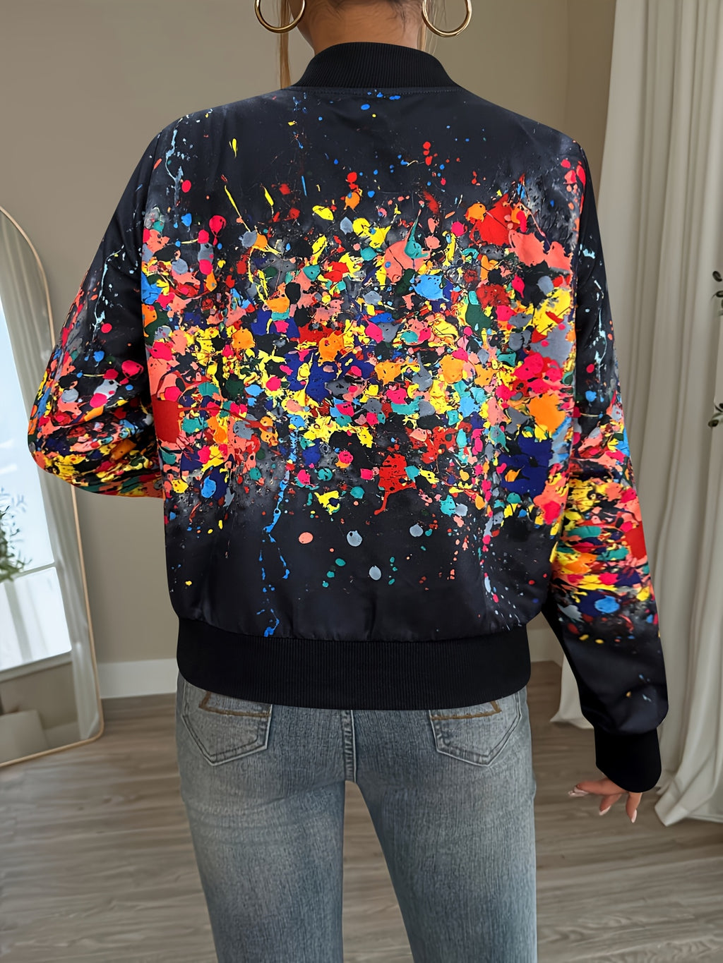 Women'S Lightweight Casual Jacket - Vibrant Tie-Dye Print, Stand Collar, Zip-Up, Long Sleeve, Perfect for Spring/Fall, Spring Jacket | Vibrant Print Jacket | Zippered Jacket - Black