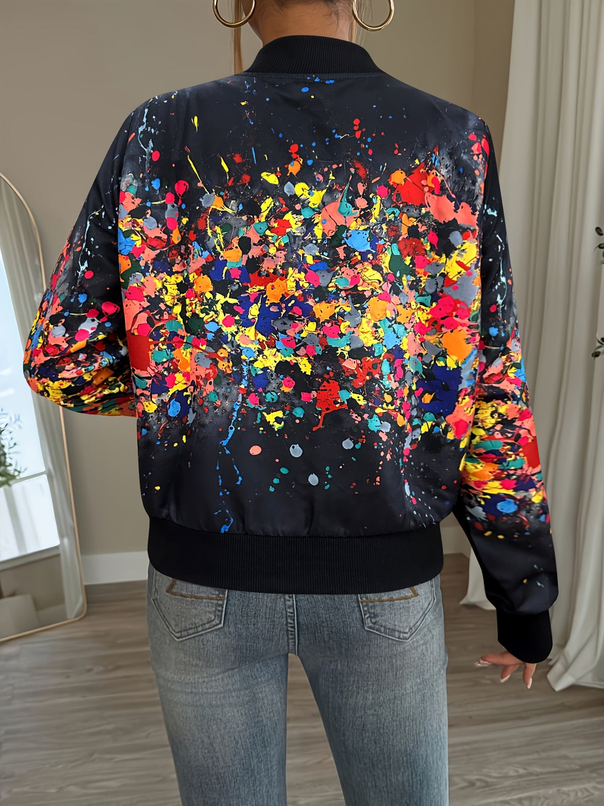 Women'S Lightweight Casual Jacket - Vibrant Tie-Dye Print, Stand Collar, Zip-Up, Long Sleeve, Perfect for Spring/Fall, Spring Jacket | Vibrant Print Jacket | Zippered Jacket - Black