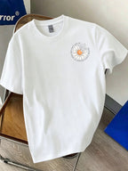 Men's 100% Pure Cotton Comfortable Casual Soft Breathable Daisy and Butterfly Print Short-Sleeve T-Shirt for Spring and Autumn Daily Commuting - White