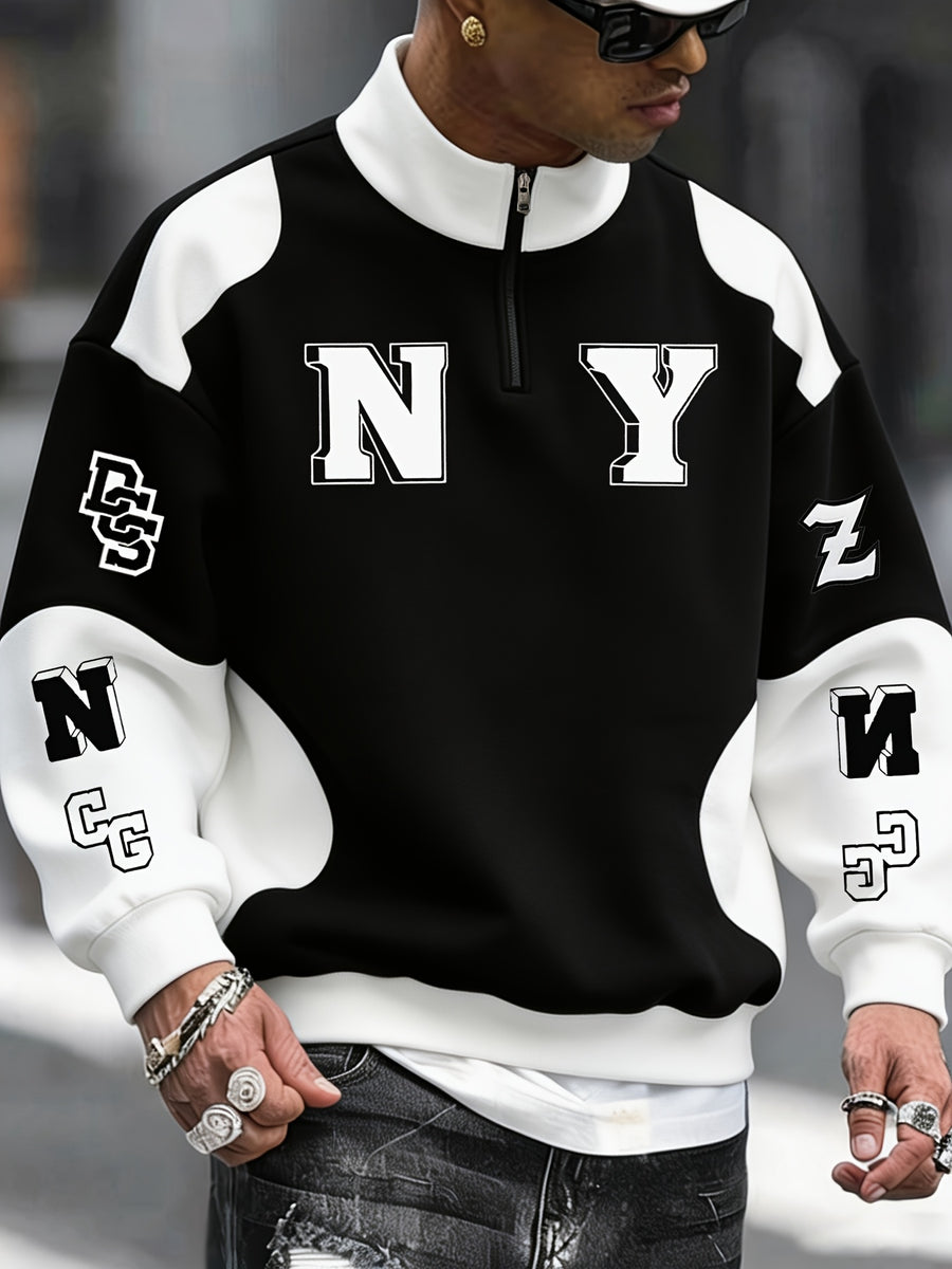 NY Lettering Color-Block Patchwork Half-Zip Stand Collar Sweatshirt American Street Casual Pullover Top, Baddie Clothes - Black