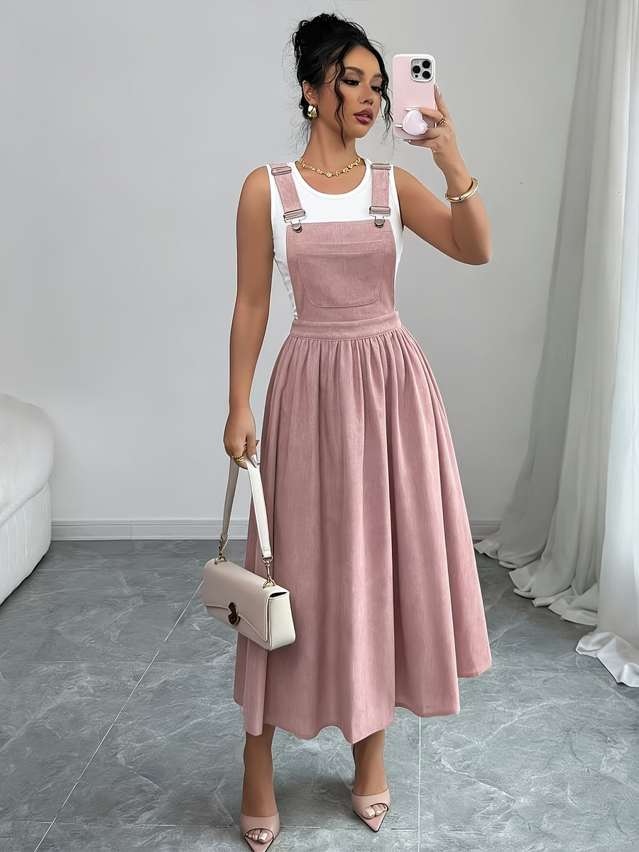 Solid Color Corduroy Suspender Skirt - Pink
