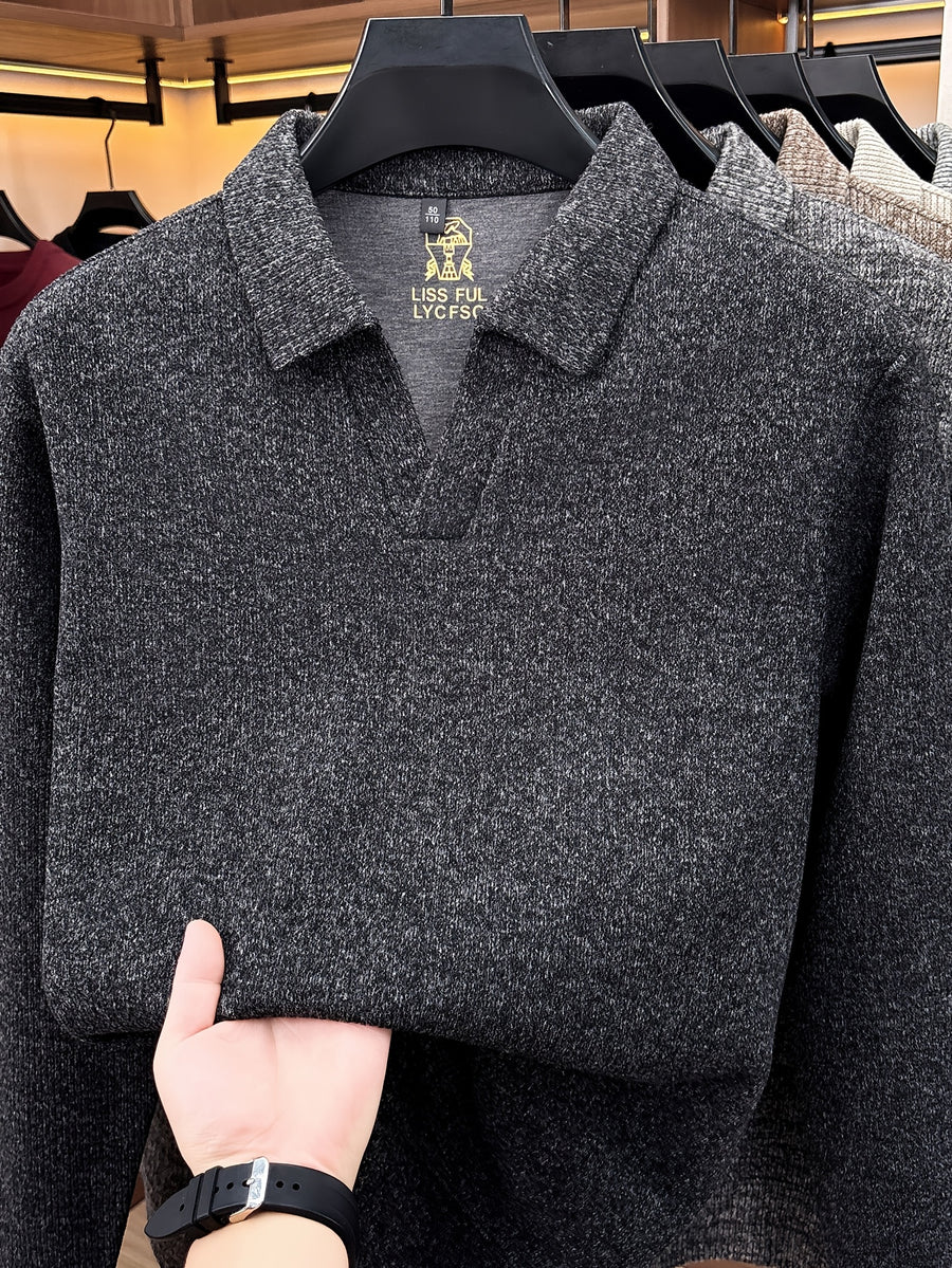Autumn New Style Long Sleeve Polo Shirt Lapel No Button V-Neck Design Vertical Stripes Ribbed Knit Thick Long Sleeve Solid Color Basic Fit Outdoor Casual Commuter Men'S Clothing Quality Casual Top Business Office - Deep Grey