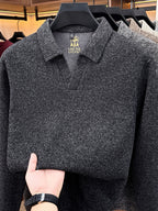 Autumn New Style Long Sleeve Polo Shirt Lapel No Button V-Neck Design Vertical Stripes Ribbed Knit Thick Long Sleeve Solid Color Basic Fit Outdoor Casual Commuter Men'S Clothing Quality Casual Top Business Office - Deep Grey
