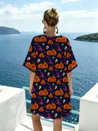 Vintage Halloween-style V-neck Dress Featuring Playful Pumpkin, Wizard Hat, and Skull Pattern Elements. Relaxed Cut with a Loose Fit That Conceals Curves for a Effect. Rich Colors Create a Strong Festive Atmosphere, Making It Suitable for Holiday - Mixed colors