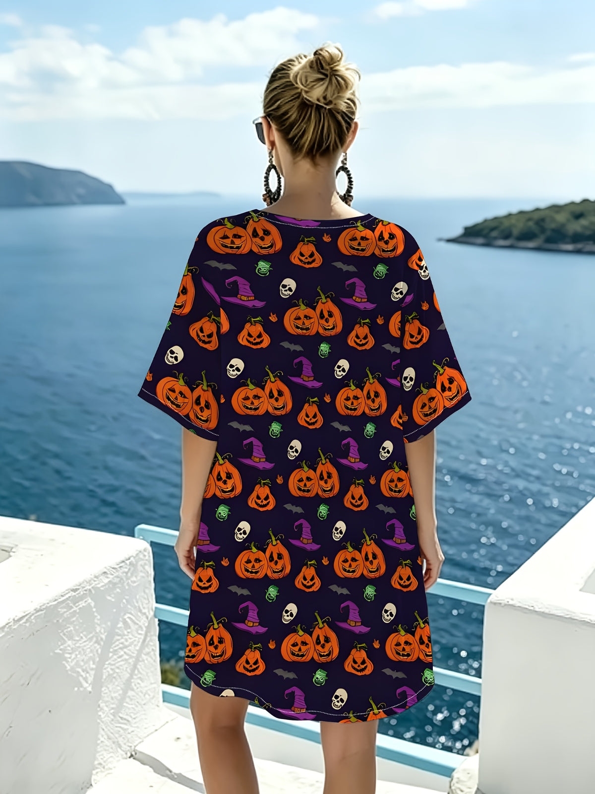 Vintage Halloween-style V-neck Dress Featuring Playful Pumpkin, Wizard Hat, and Skull Pattern Elements. Relaxed Cut with a Loose Fit That Conceals Curves for a Effect. Rich Colors Create a Strong Festive Atmosphere, Making It Suitable for Holiday - Mixed colors