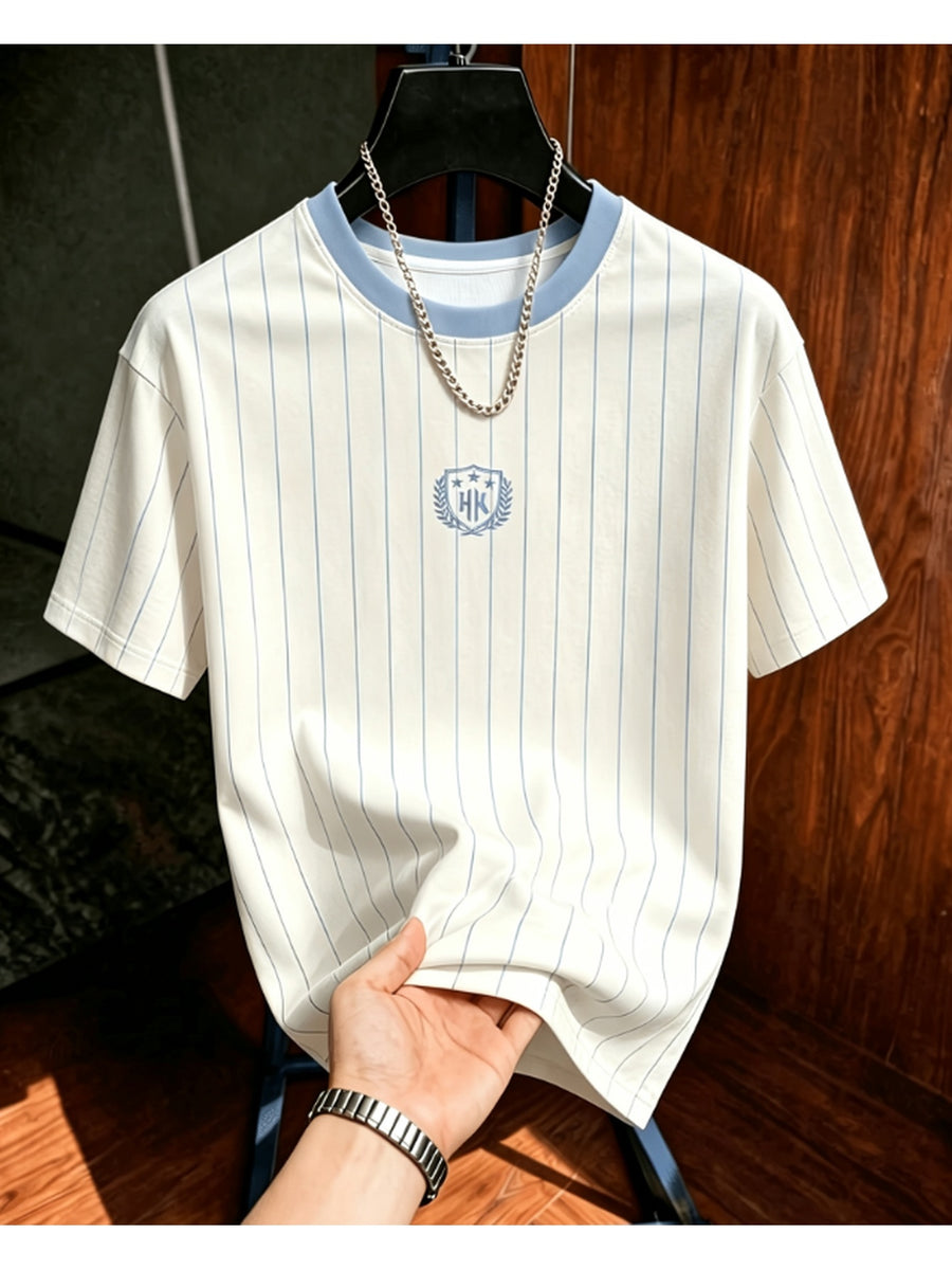 Summer Casual Striped Men'S T-Shirt, Contrast Shoulder Stripes Wheat Shield Print Breathable All-Match Round Neck Short Sleeve Top, Comfortable And Airy, Ideal Gift for Holidays - Mixed Color 2