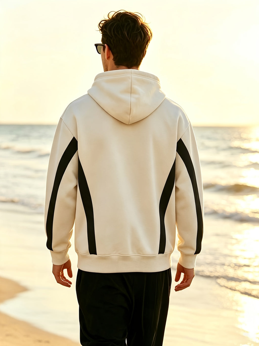 New Men'S Double Striped Hooded Sweatshirt with Loose Fit And Comfortable Pockets, Versatile And Trendy Hoodie for Daily Use - Apricot