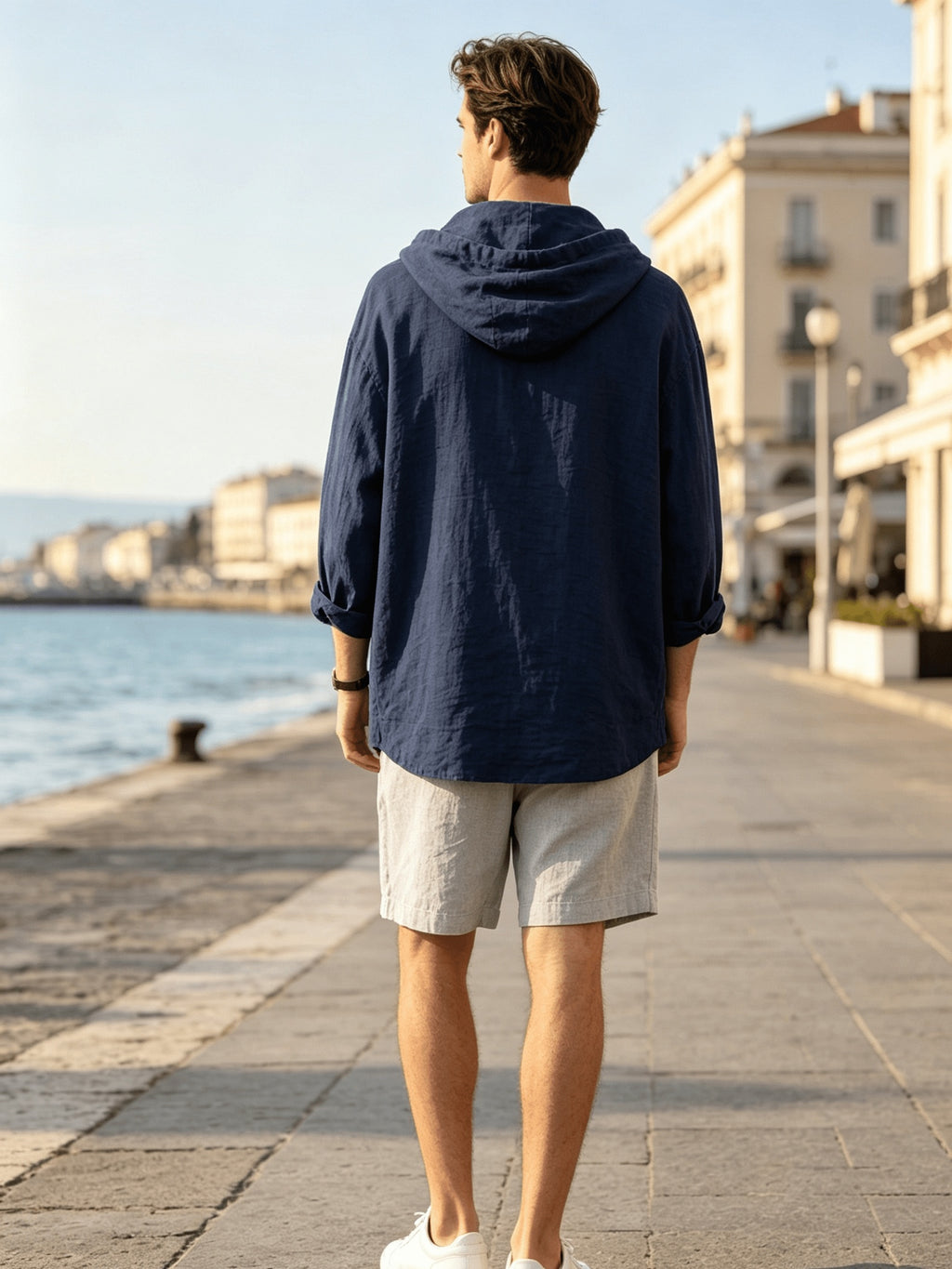 2026 New Men's Hooded Shirt, Soft and Breathable Linen Fabric, for Vacation, Travel, Leisure, Outdoor Fishing, and Beach - Navy Color