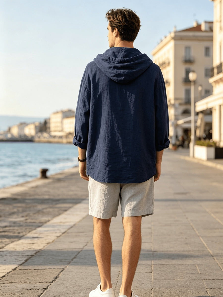 2026 New Men's Hooded Shirt, Soft and Breathable Linen Fabric, for Vacation, Travel, Leisure, Outdoor Fishing, and Beach - Navy Color