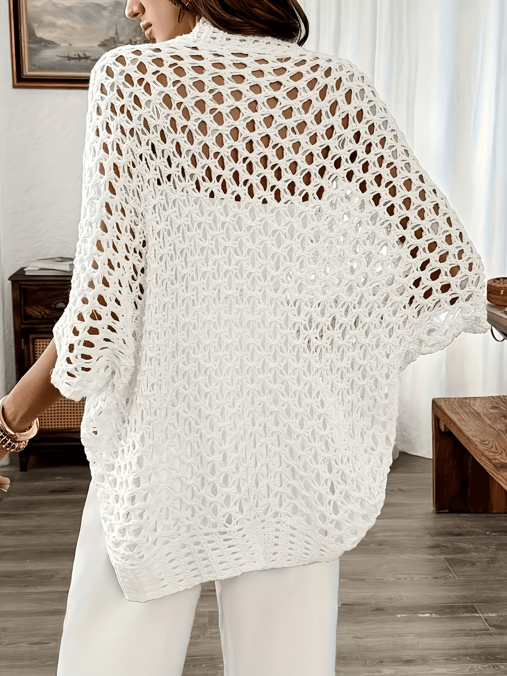 Spring And Summer Elegance Women'S Batwing Sleeve Loose Hollow Cardigan - White