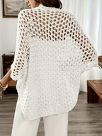 Spring And Summer Elegance Women'S Batwing Sleeve Loose Hollow Cardigan - White