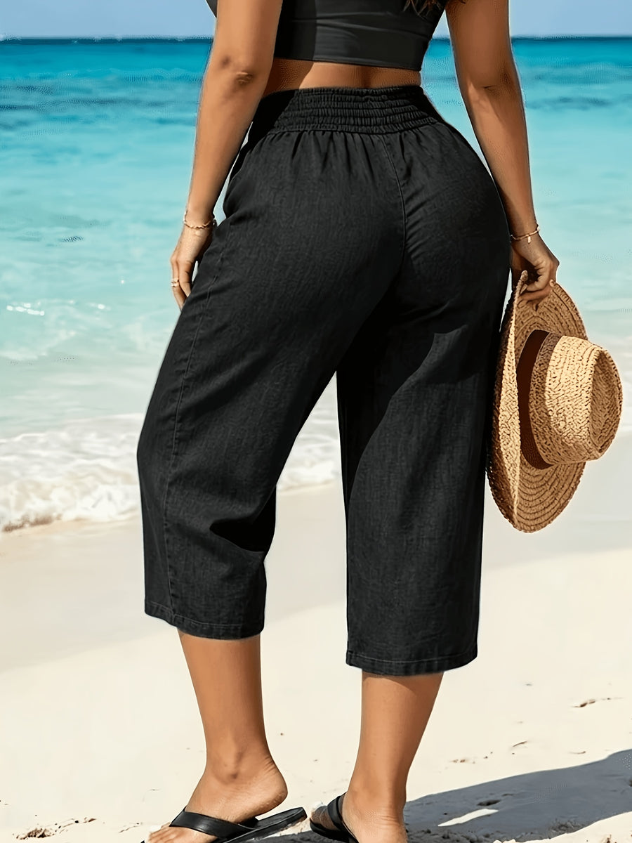 Seaside Summer Vacation Style Capri Pants, Pleated High-Waist Loose Fit Casual Commuter Women's Pants ASD1 - Black