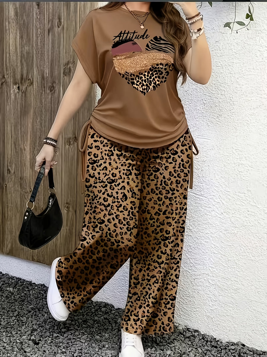 Leopard Print Casual Long Pants Set with Side Drawstring Pleated Home Wear, Can Be Worn Alone - leopard print D