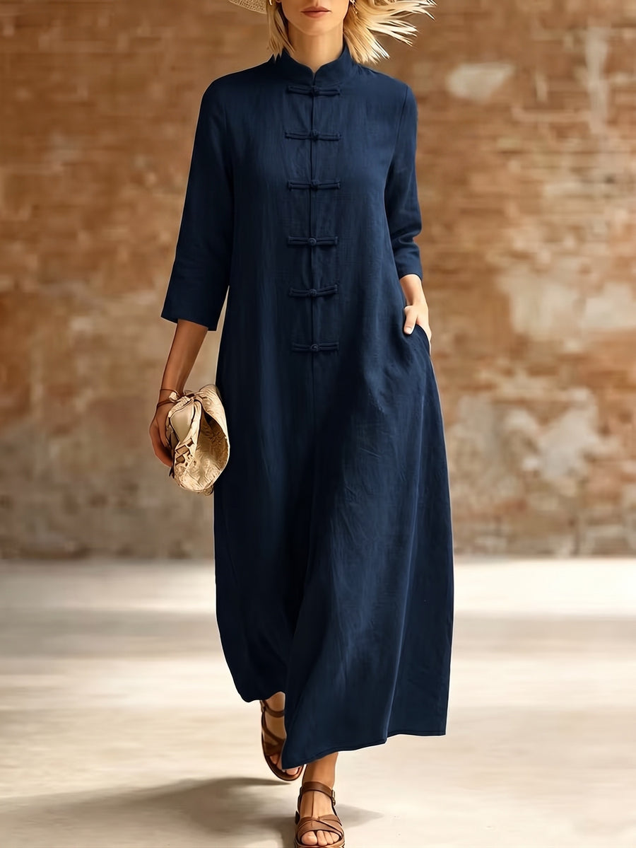 Women's Retro Chinese Mandarin Button-Front Bridesmaid Dress - Stand Collar -Line Maxi Dress with Three-Quarter Sleeves, Stand-Up Collar Button-Front Placket, Loose Wedding Guest Dress Suitable for Autumn, Machine Washable Solid Color - Blue