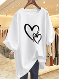 Women's Summer Casual Versatile Heart Print Midi Loose Fit Round Neck Short Sleeve T-Shirt Top - White